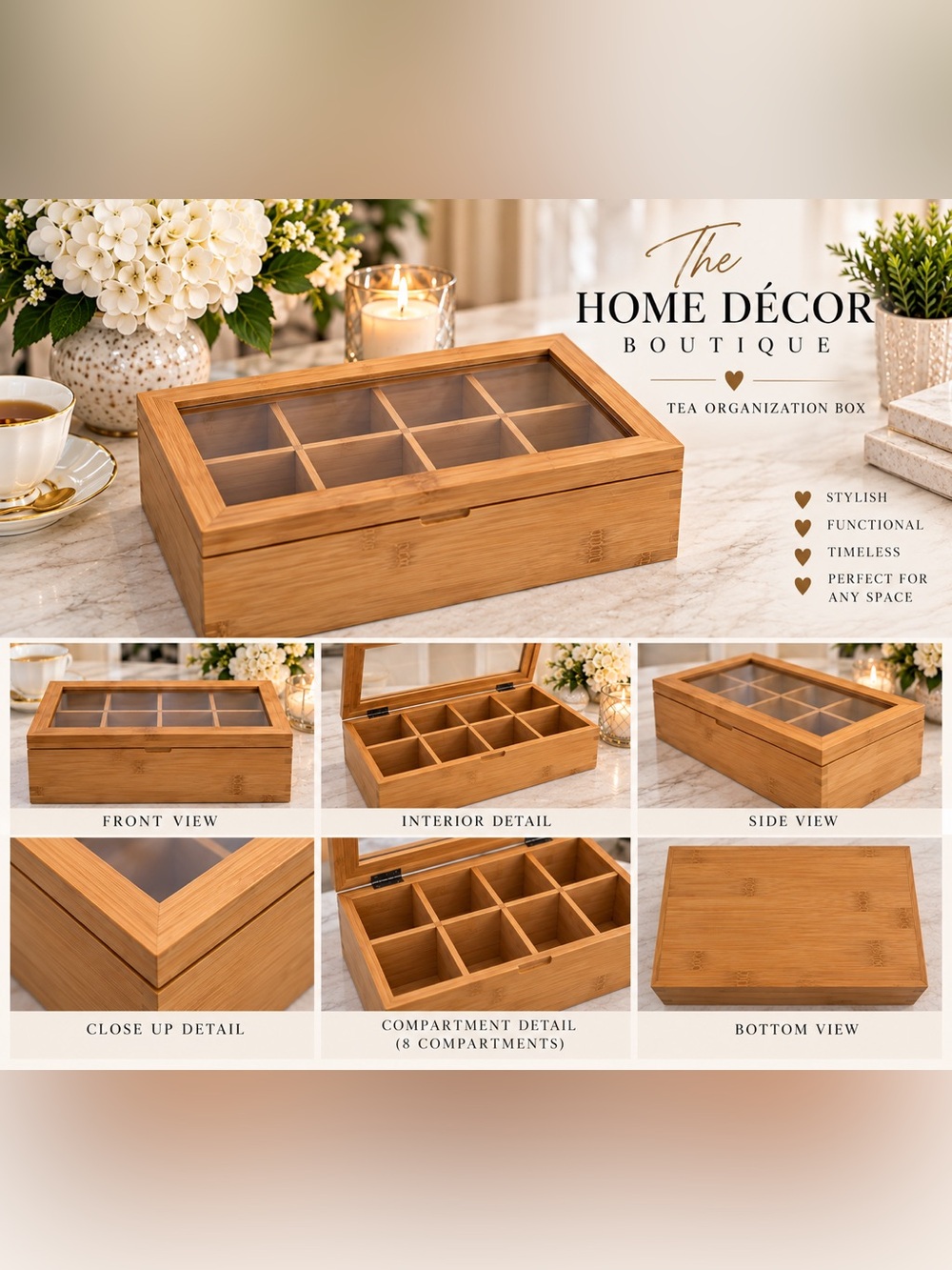 Wood Tea Organizer Box with Lid - Natural